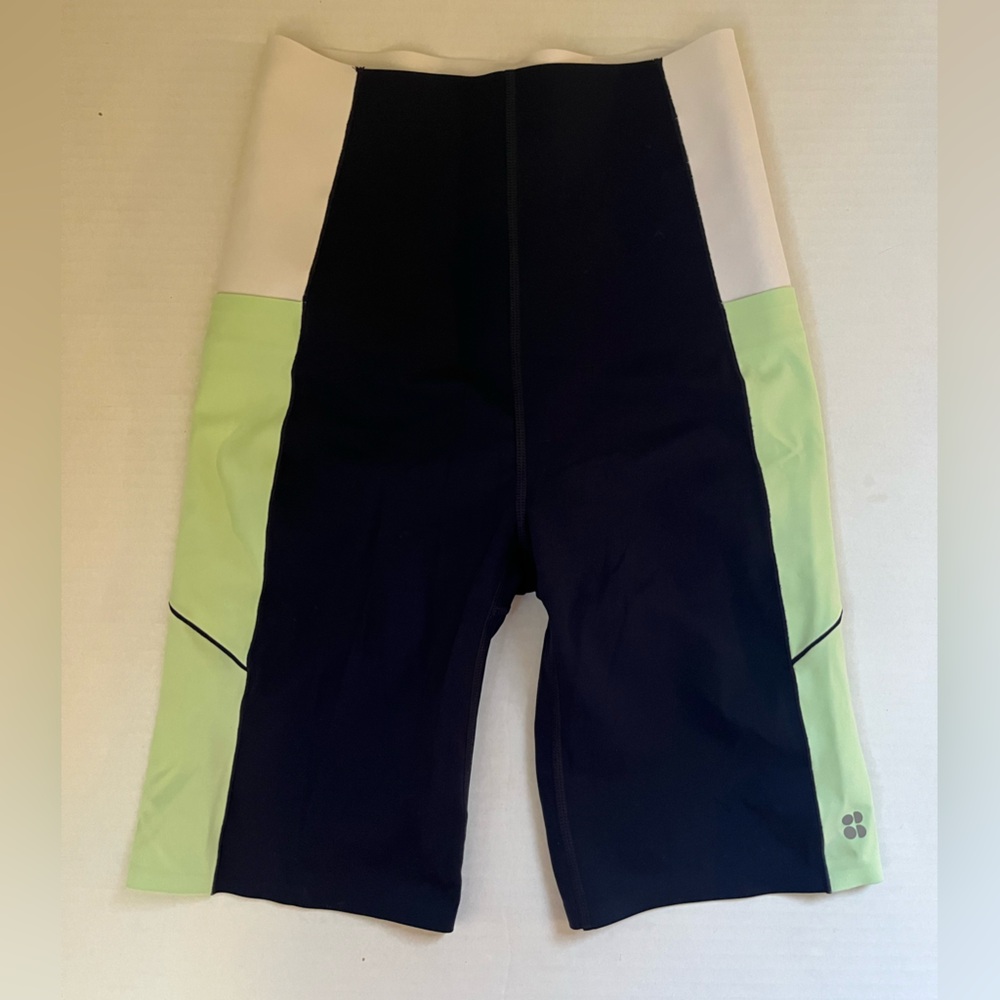Sweaty Betty Power shorts 9" color block navy blue green white high waist